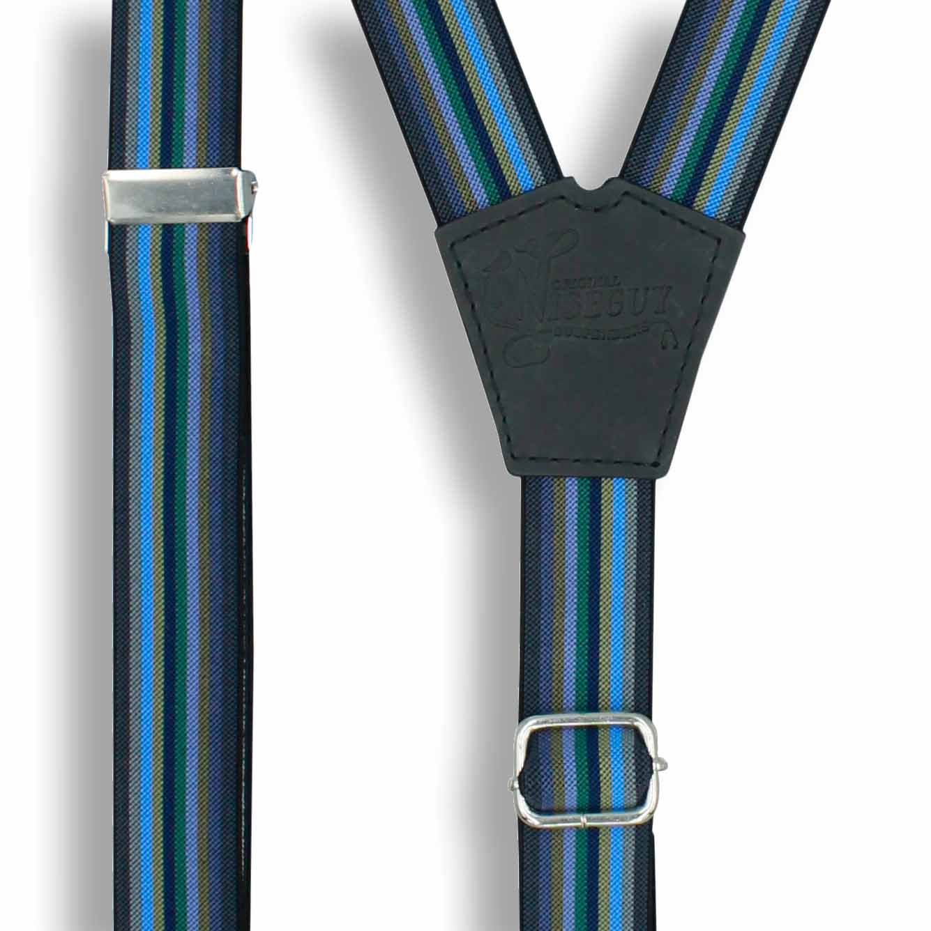 Bravo Gray Blue Green Striped Suspender Braces slim straps 1 inch wide - Wiseguy Suspenders