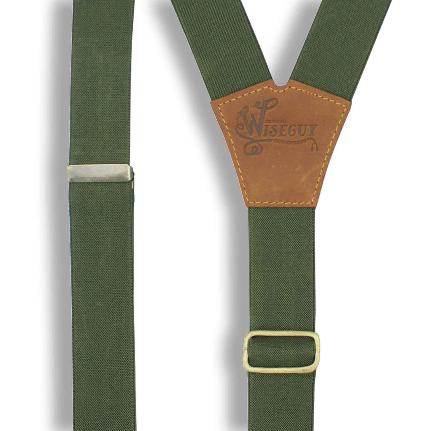Army Green Casual Suspenders 1.3 inch wide with Camel Brown Leather - Wiseguy Suspenders
