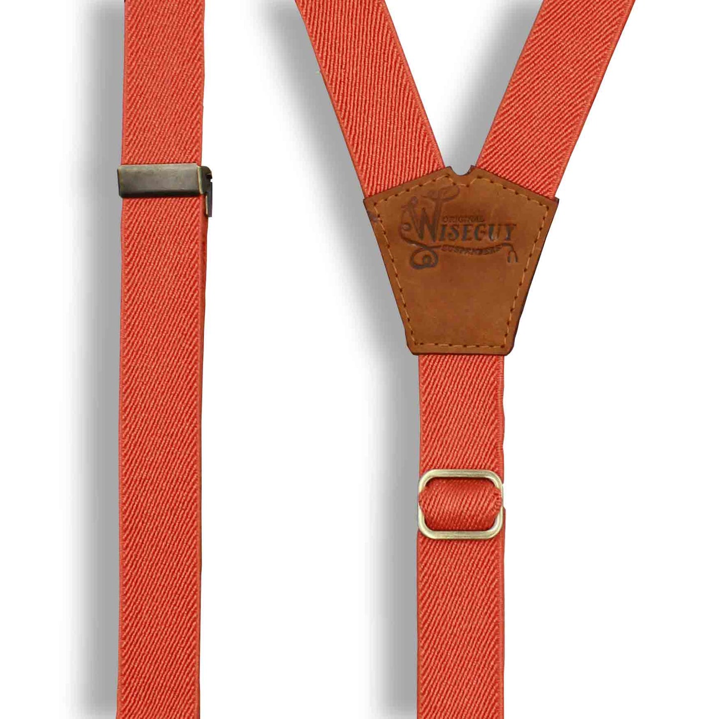 Orange 1 inch Elastic suspenders with Camel Brown Leather parts - Wiseguy Suspenders