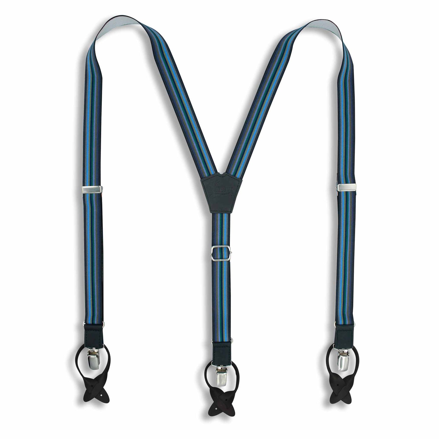 Bravo Gray Blue Green Striped Suspender Braces slim straps 1 inch wide - Wiseguy Suspenders