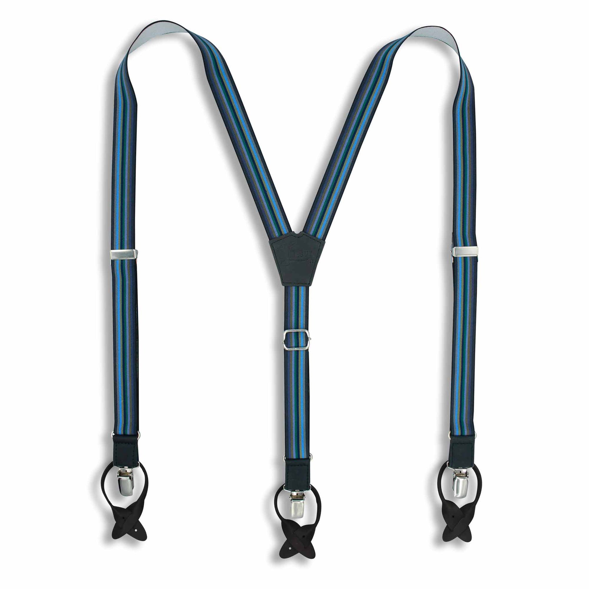 Bravo Gray Blue Green Striped Suspender Braces slim straps 1 inch wide - Wiseguy Suspenders
