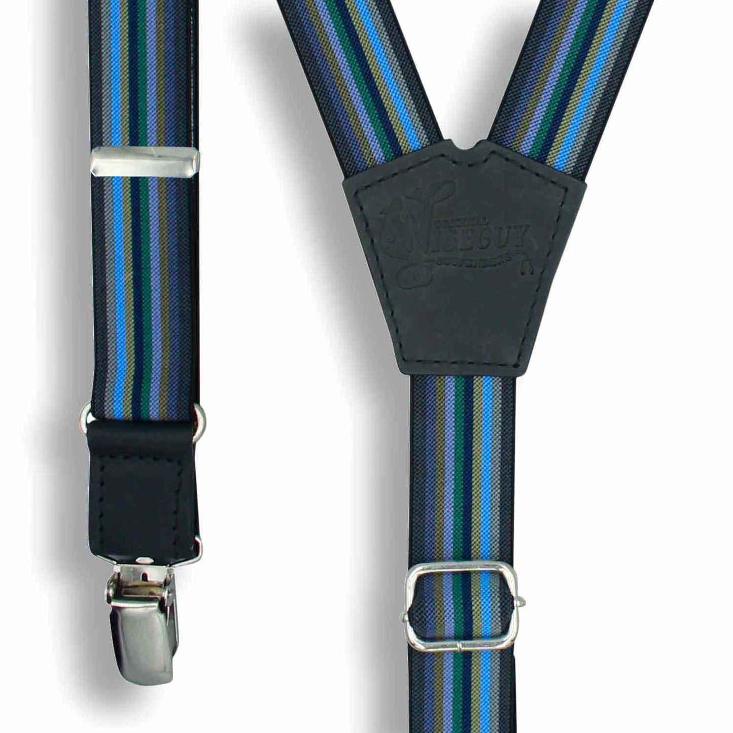 Bravo Gray Blue Green Striped Suspender Braces slim straps 1 inch wide - Wiseguy Suspenders