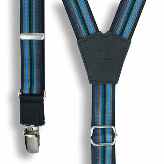 Bravo Gray Blue Green Striped Suspender Braces slim straps 1 inch wide - Wiseguy Suspenders