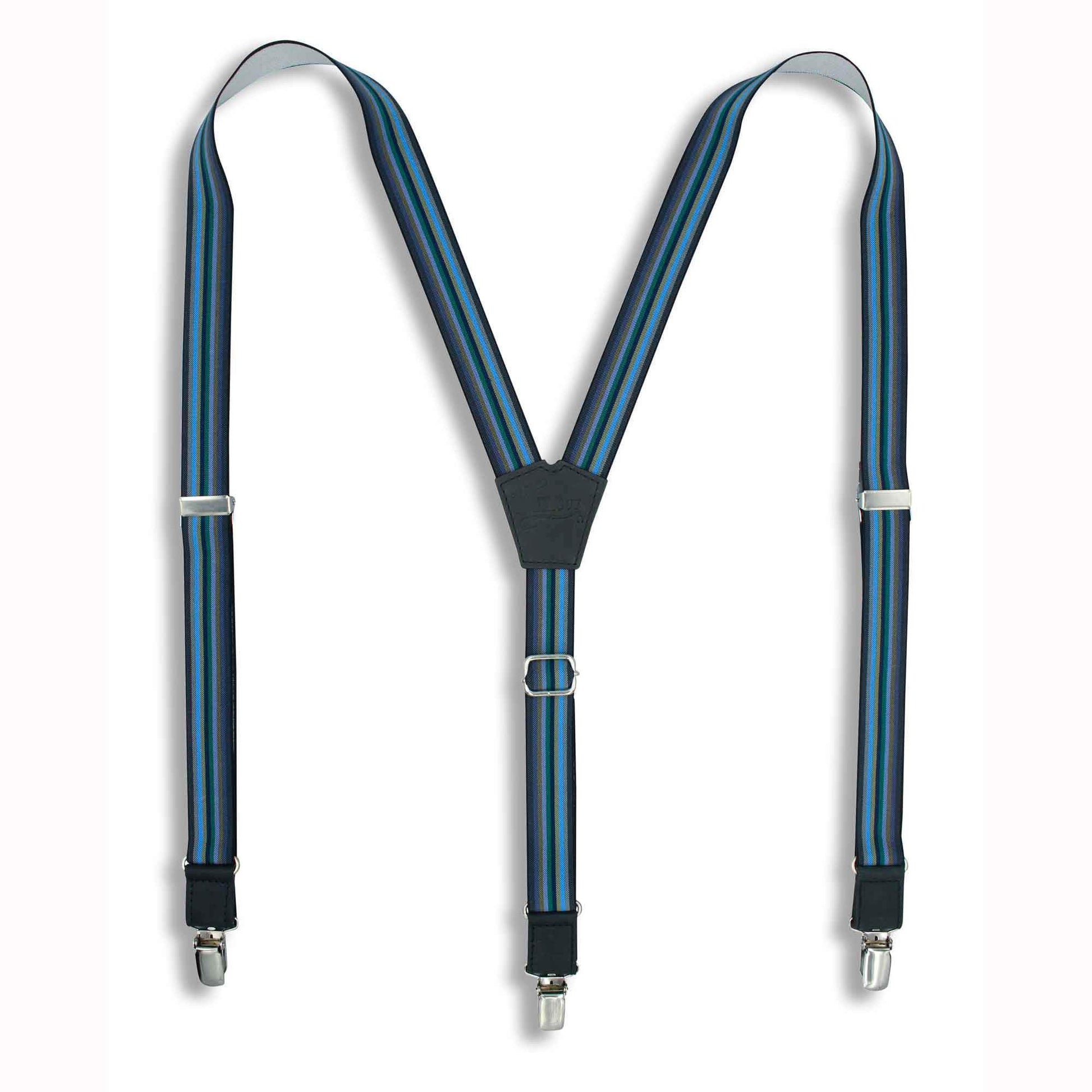 Bravo Gray Blue Green Striped Suspender Braces slim straps 1 inch wide - Wiseguy Suspenders