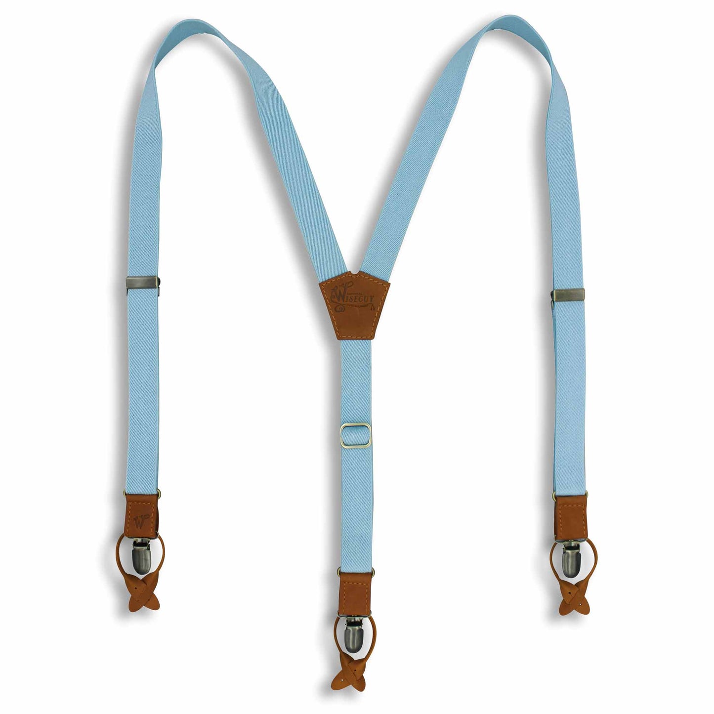 Cloud Blue Wedding Suspenders thin Y back on Camel Brown 1 inch wide - Wiseguy Suspenders