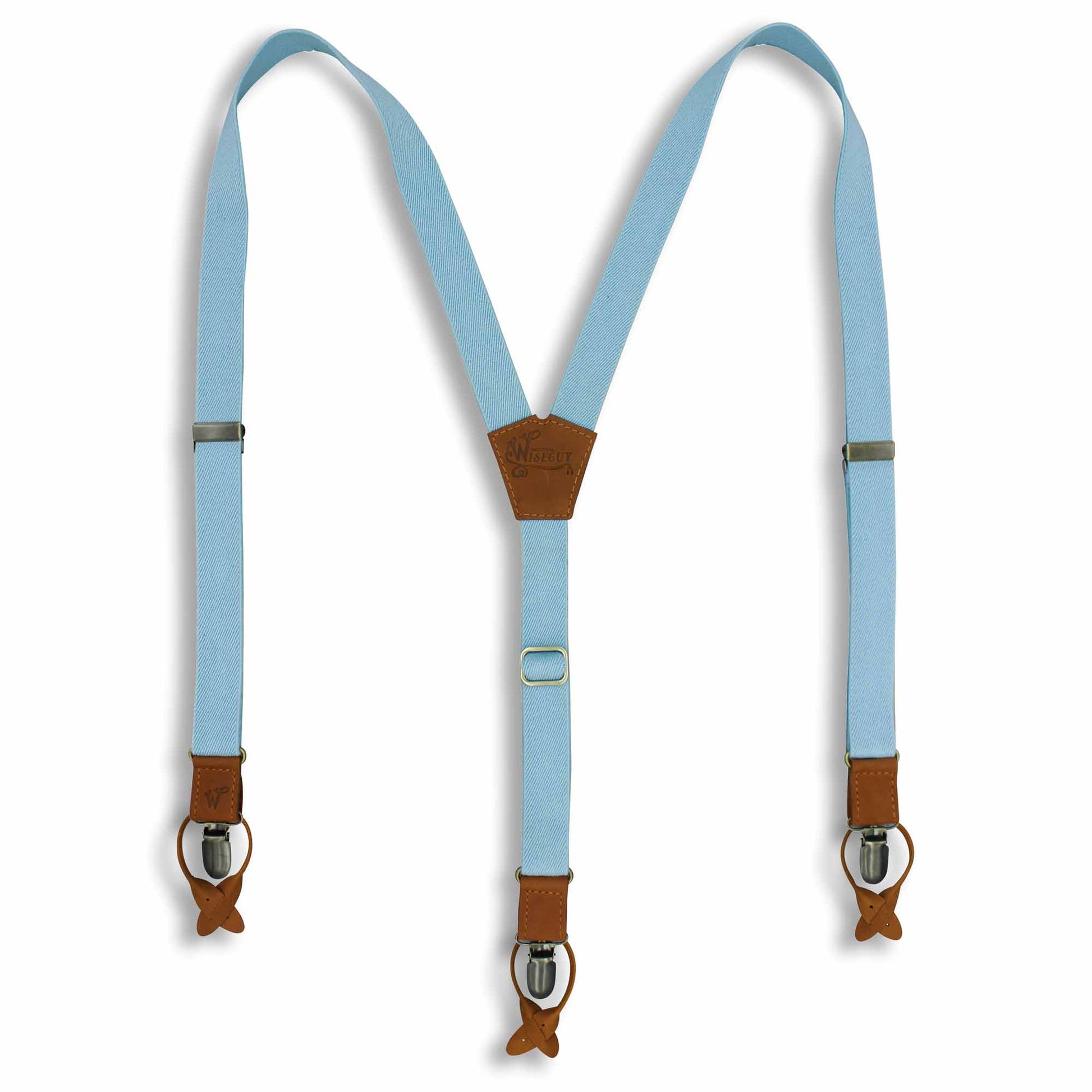 Cloud Blue Wedding Suspenders thin Y back on Camel Brown 1 inch wide - Wiseguy Suspenders
