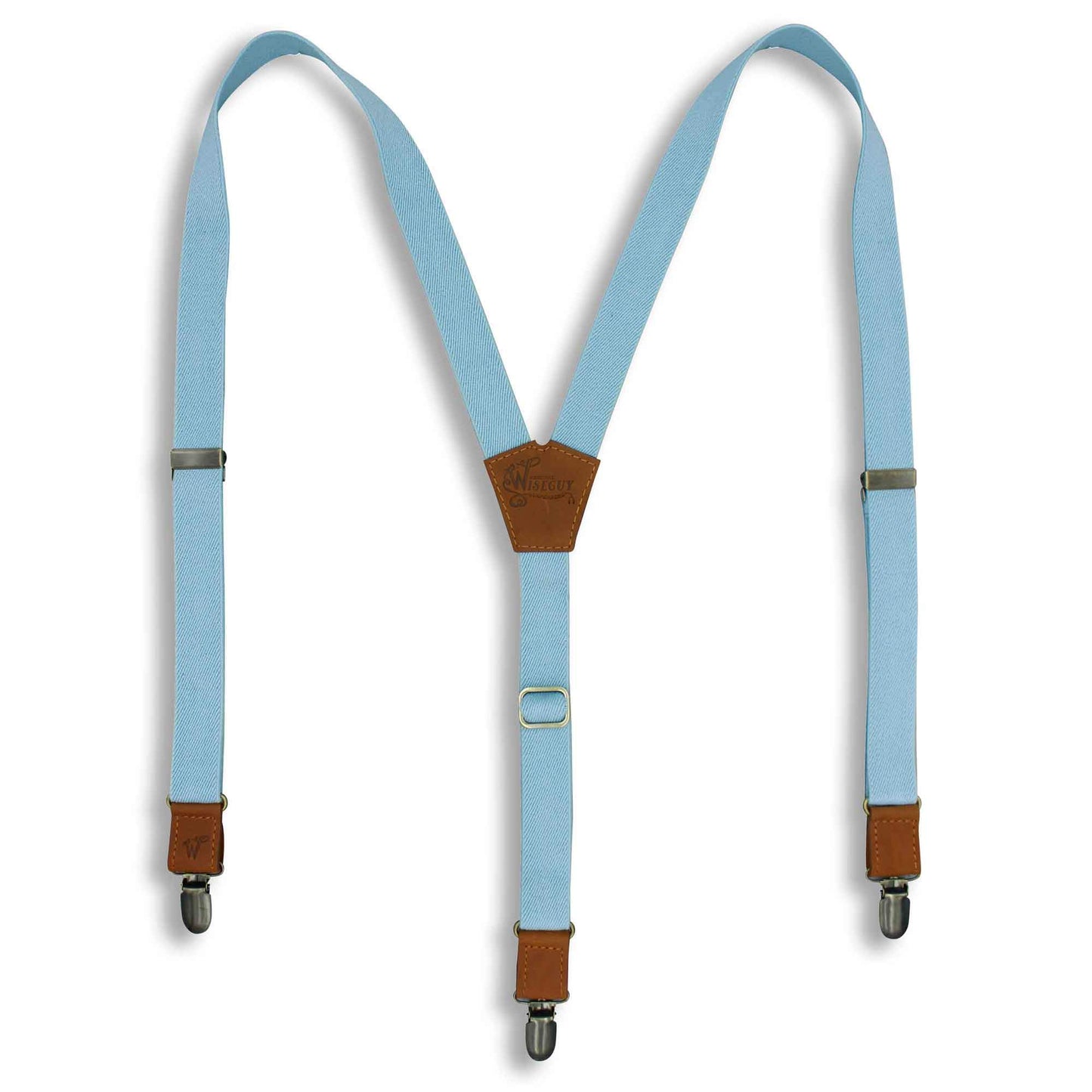 Cloud Blue Wedding Suspenders thin Y back on Camel Brown 1 inch wide - Wiseguy Suspenders
