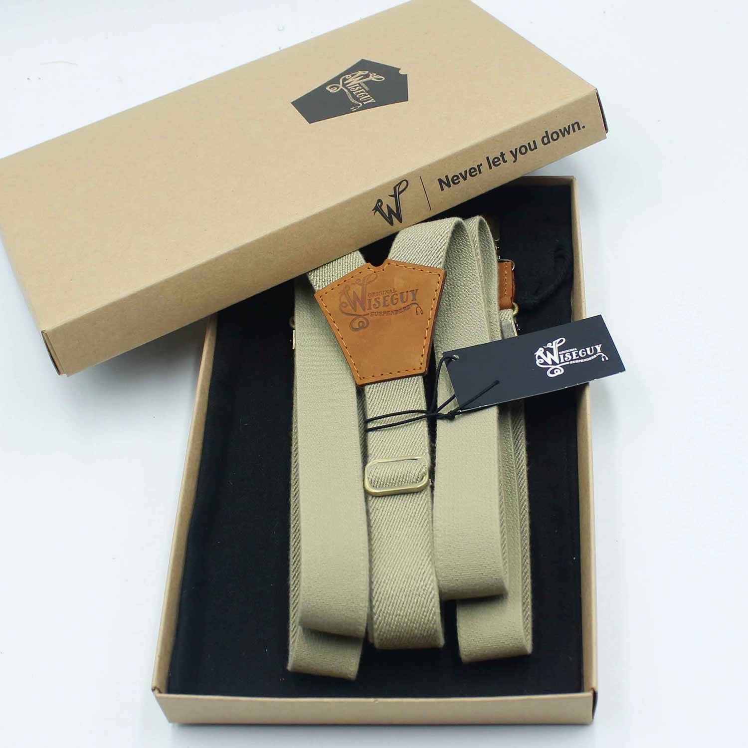Desert Sand Formal Suspenders with Camel Brown Leather Parts 1 inch - Wiseguy Suspenders