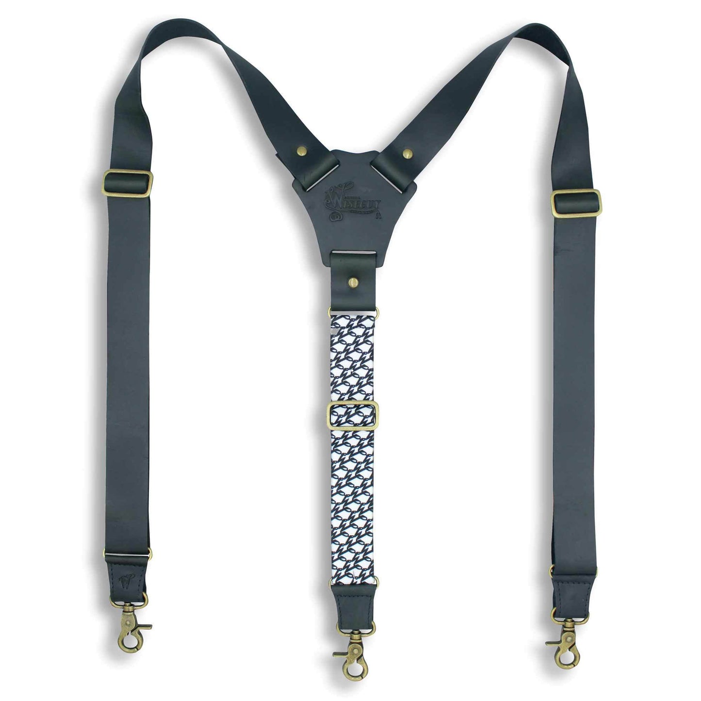 Billy the Kid Flex Black Leather Suspender with Elastic Monogram Back - Wiseguy Suspenders