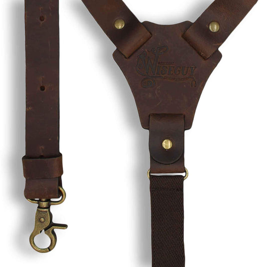 Flex Brown Leather Mens Suspenders with Elastic brown Back Straps - Wiseguy Suspenders