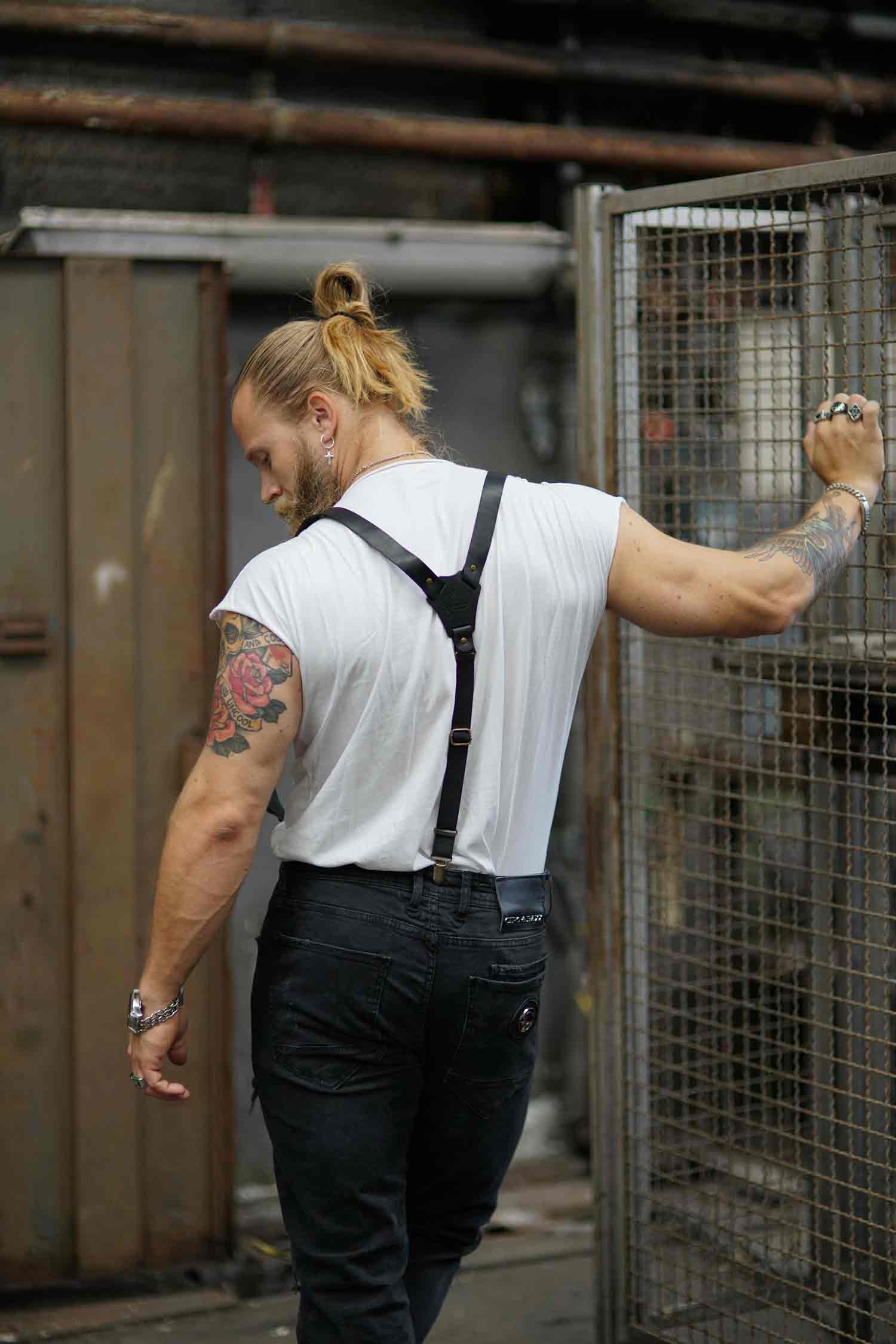 Flex Black Leather Suspenders with Elastic Black adjustable back Strap - Wiseguy Suspenders