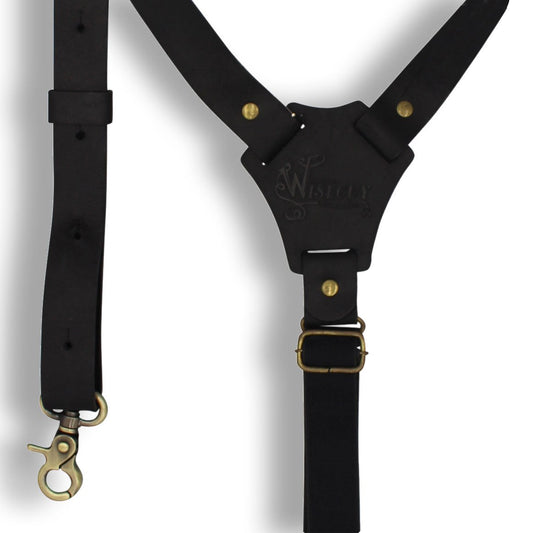 Flex Black Leather Suspenders with Elastic Black adjustable back Strap - Wiseguy Suspenders