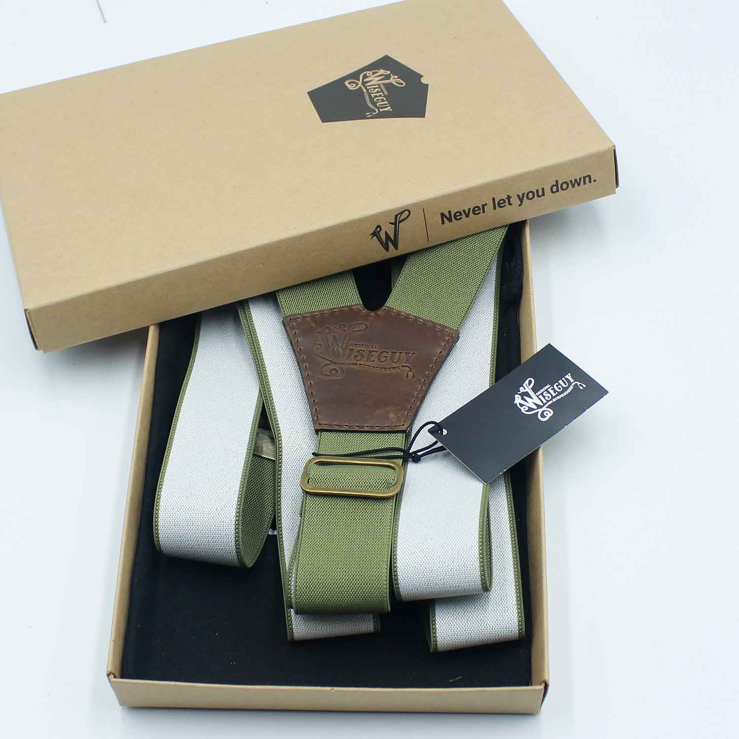Khaki Green on Dark Brown Suspenders wide straps (1.36 inch/ 3.5 cm) - Wiseguy Suspenders