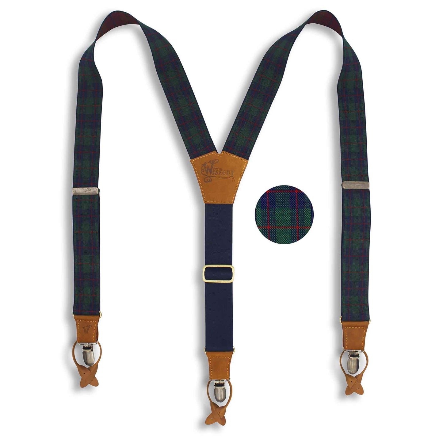 Tartan Green-navy-red Suspenders wide straps (1.36 inch/ 3.5 cm) - Wiseguy Suspenders
