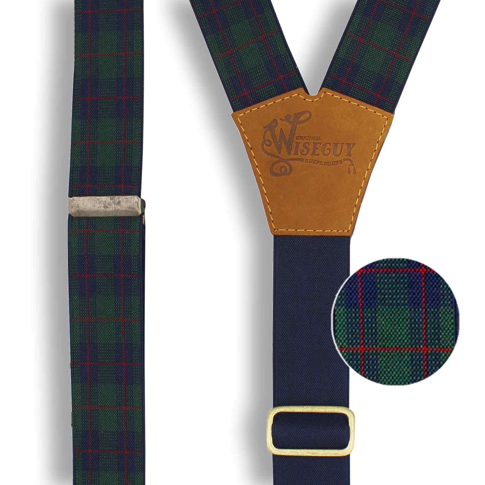Tartan Green-navy-red Suspenders wide straps (1.36 inch/ 3.5 cm) - Wiseguy Suspenders