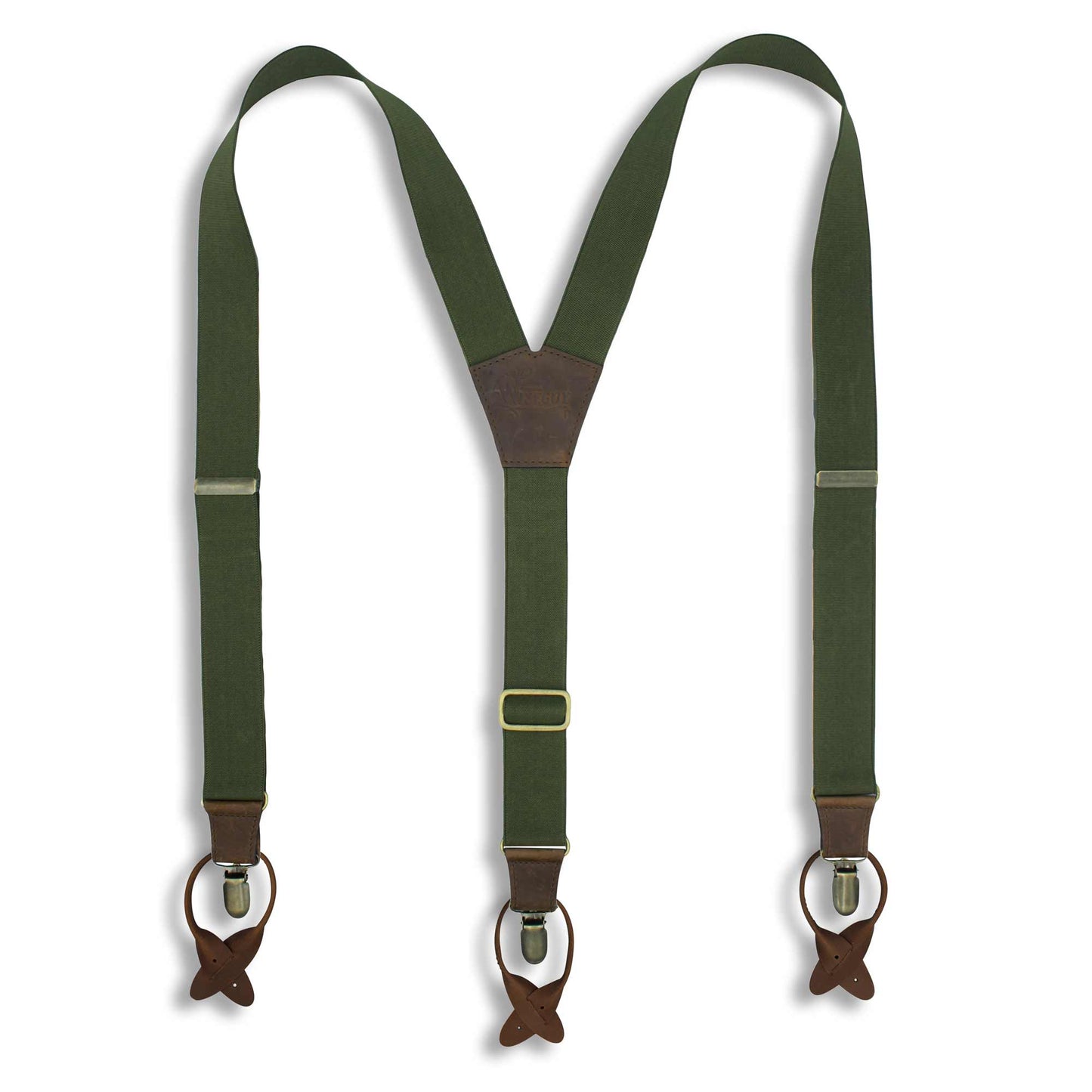Army Green Elastic Braces 1.3 inch wide with dark brown leather parts - Wiseguy Suspenders