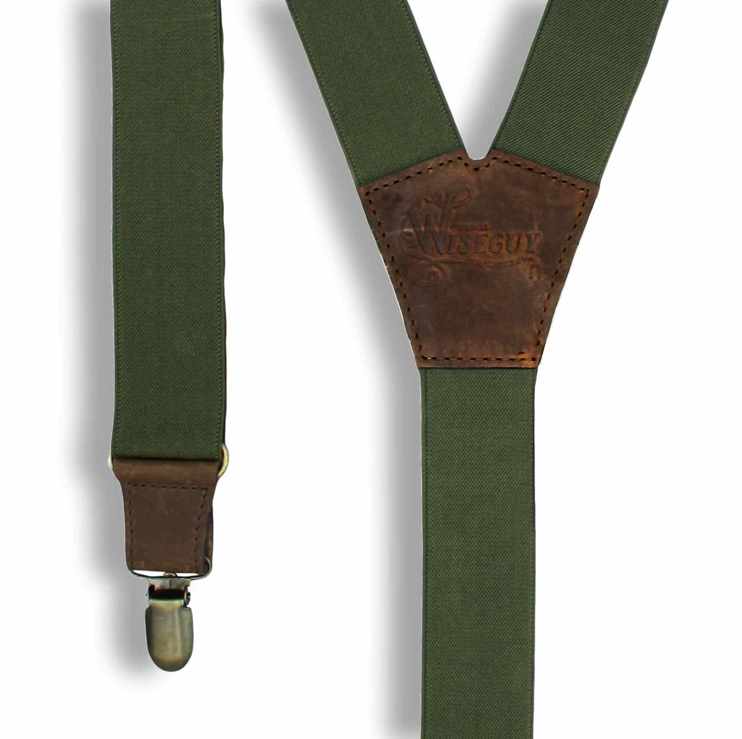 Army Green Elastic Braces 1.3 inch wide with dark brown leather parts - Wiseguy Suspenders