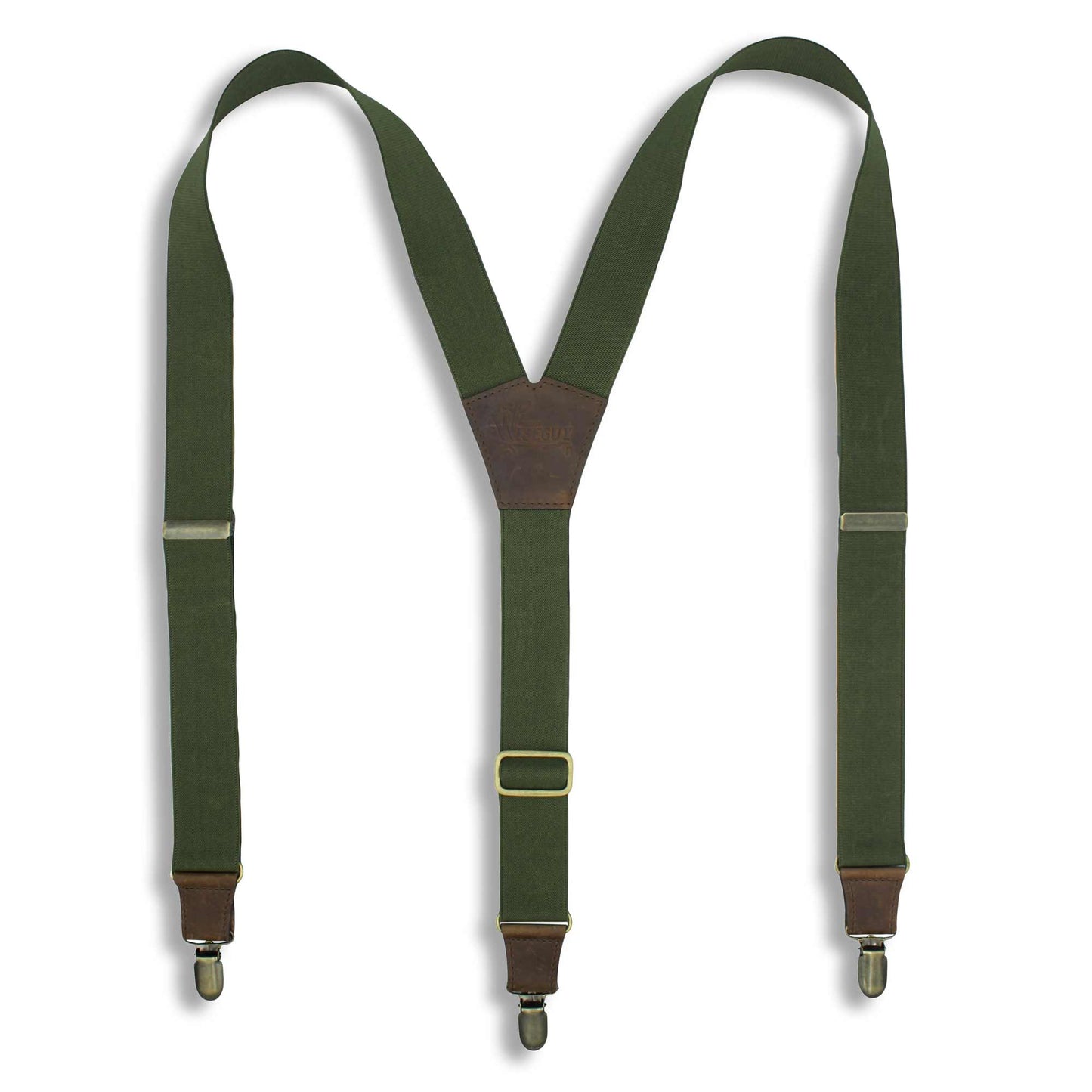 Army Green Elastic Braces 1.3 inch wide with dark brown leather parts - Wiseguy Suspenders