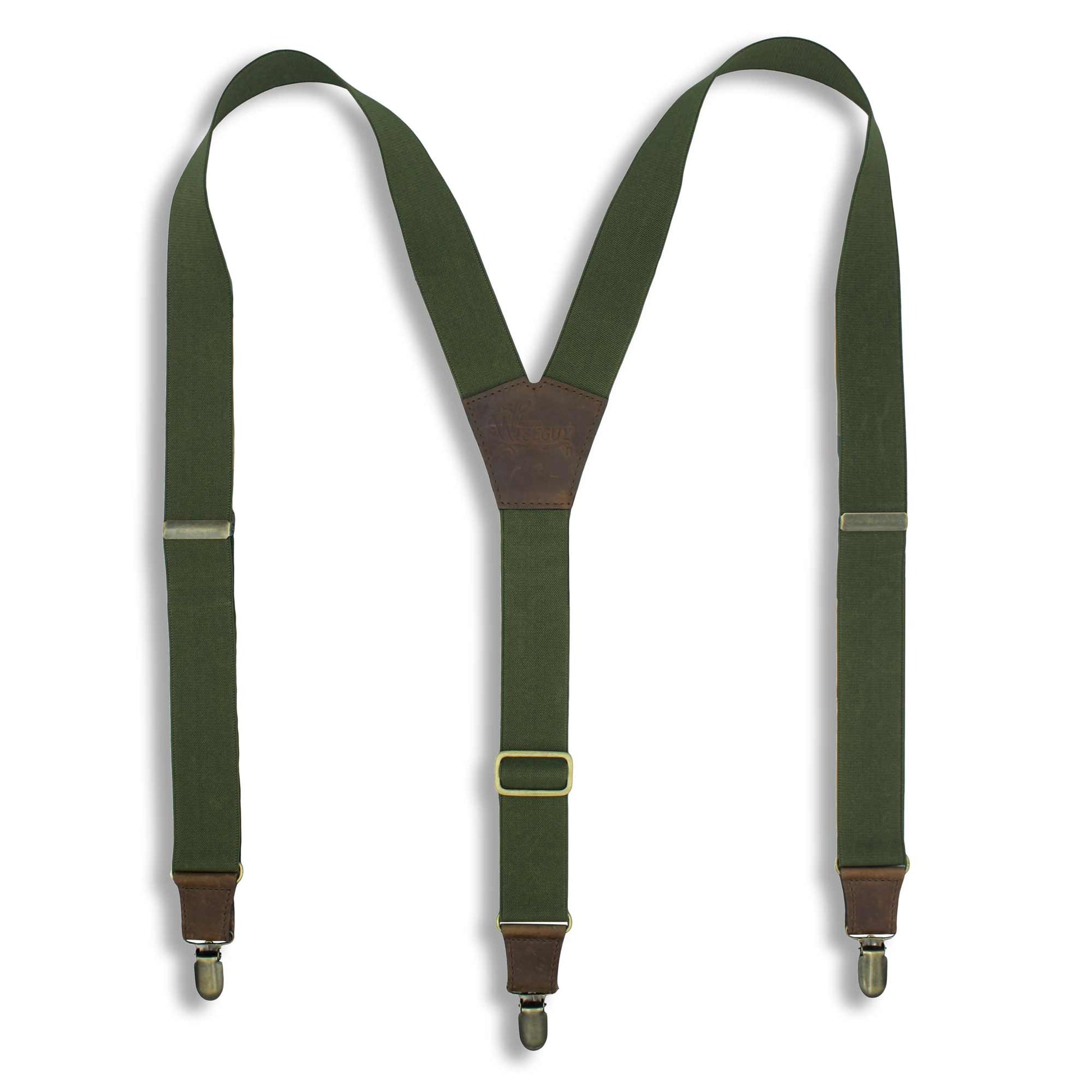 Army Green Elastic Braces 1.3 inch wide with dark brown leather parts - Wiseguy Suspenders