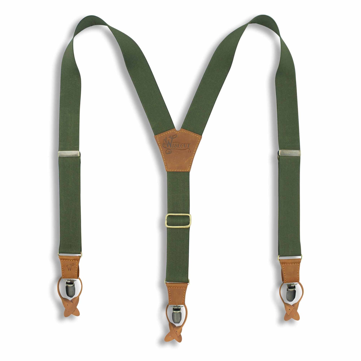 Army Green Casual Suspenders 1.3 inch wide with Camel Brown Leather - Wiseguy Suspenders