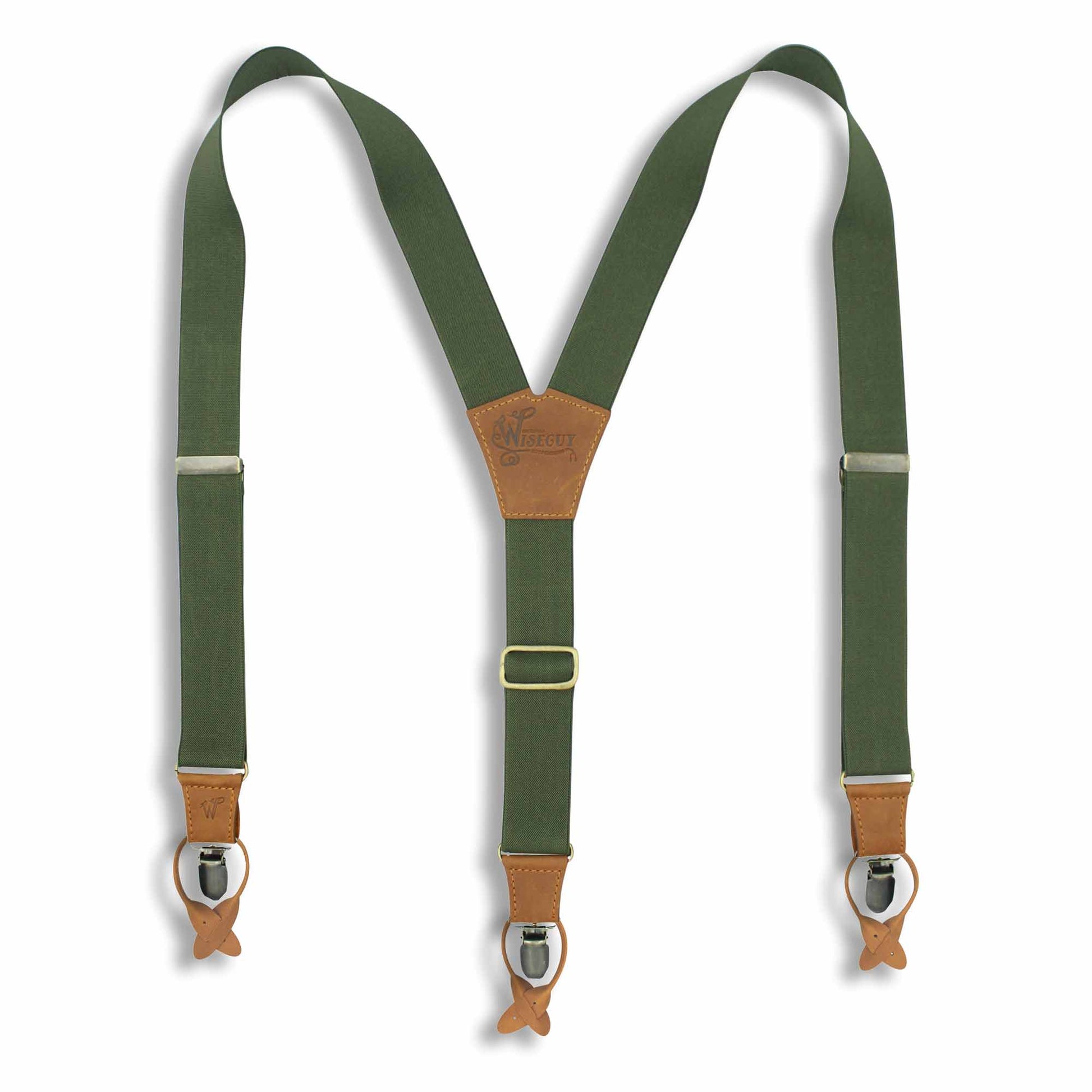 Army Green Casual Suspenders 1.3 inch wide with Camel Brown Leather - Wiseguy Suspenders