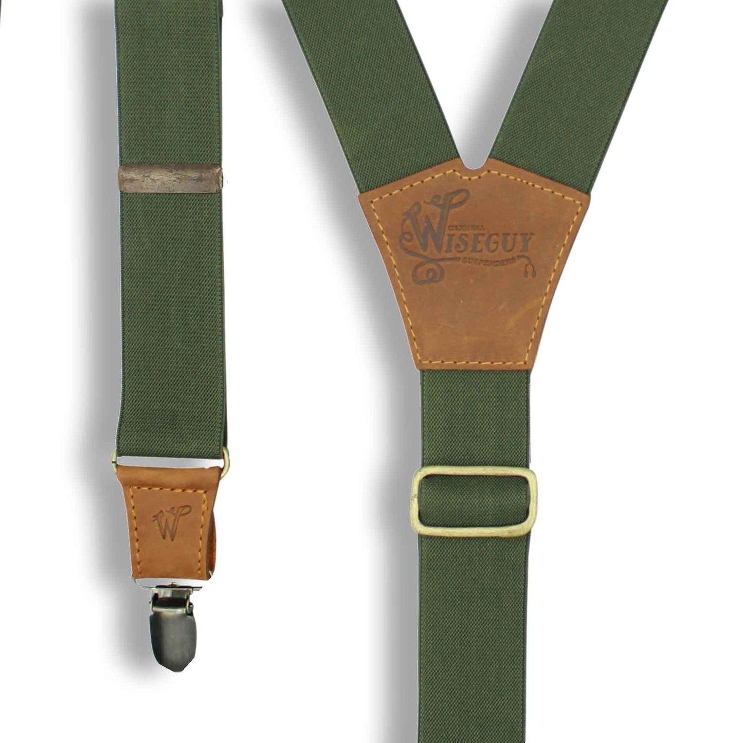 Army Green Casual Suspenders 1.3 inch wide with Camel Brown Leather - Wiseguy Suspenders
