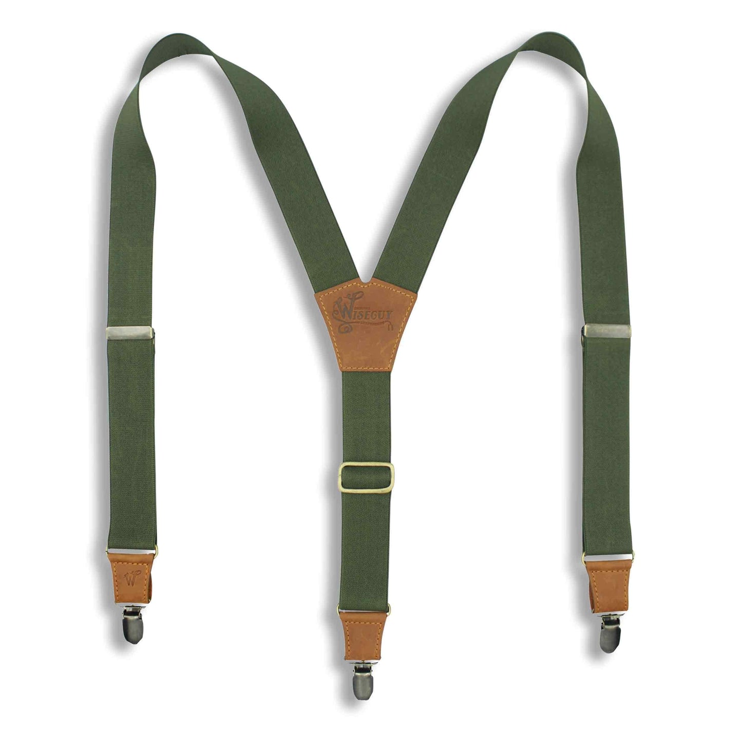 Army Green Casual Suspenders 1.3 inch wide with Camel Brown Leather - Wiseguy Suspenders