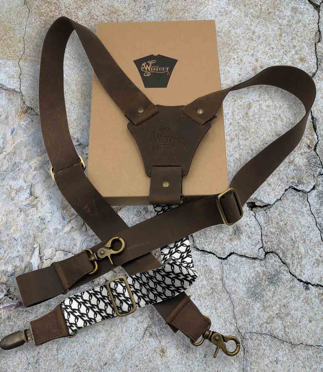 Billy the Kid Flex Brown Leather Suspenders with Elastic W Back Strap - Wiseguy Suspenders