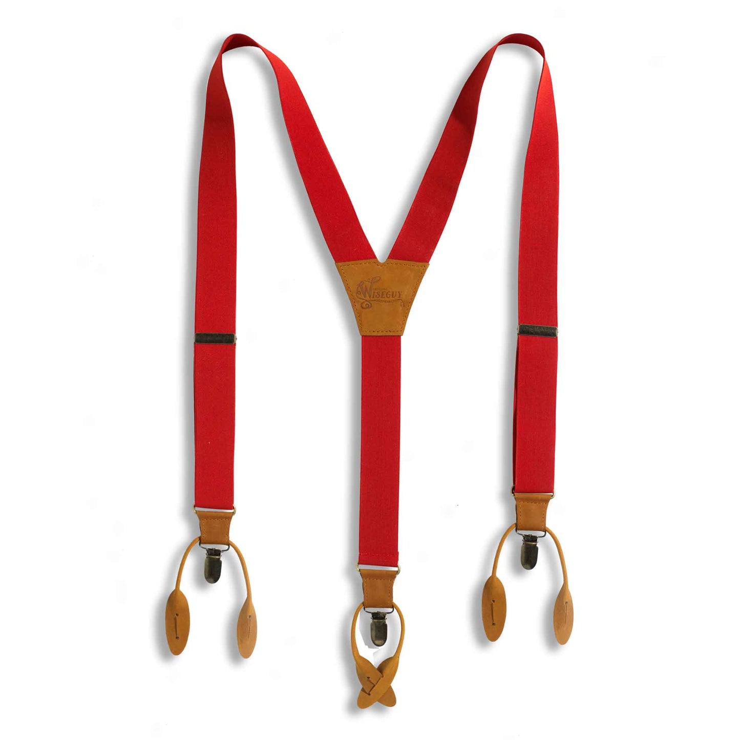 Blood Red 1.3 inch Elastic Suspenders with Camel Brown Leather Parts - Wiseguy Suspenders