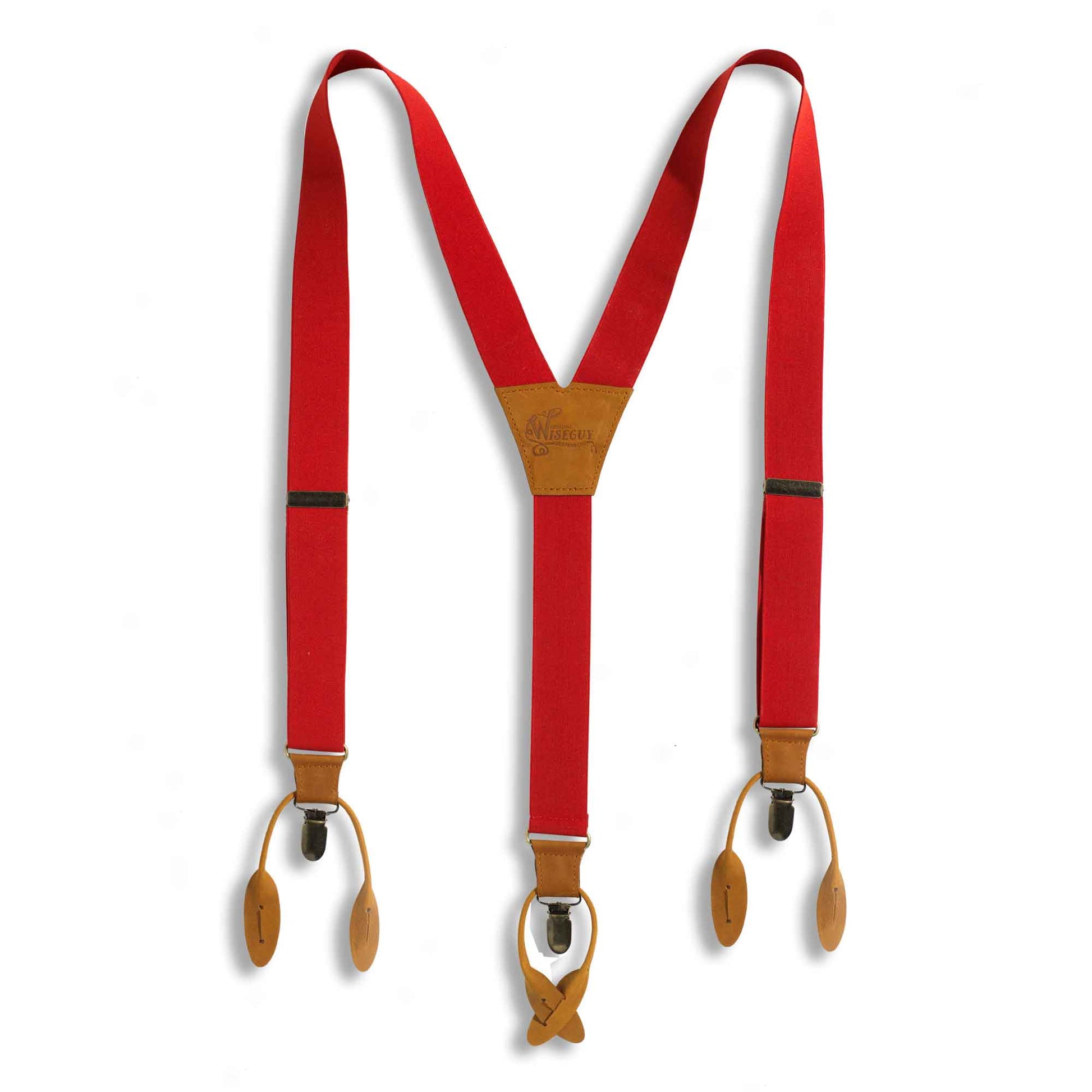 Blood Red 1.3 inch Elastic Suspenders with Camel Brown Leather Parts - Wiseguy Suspenders