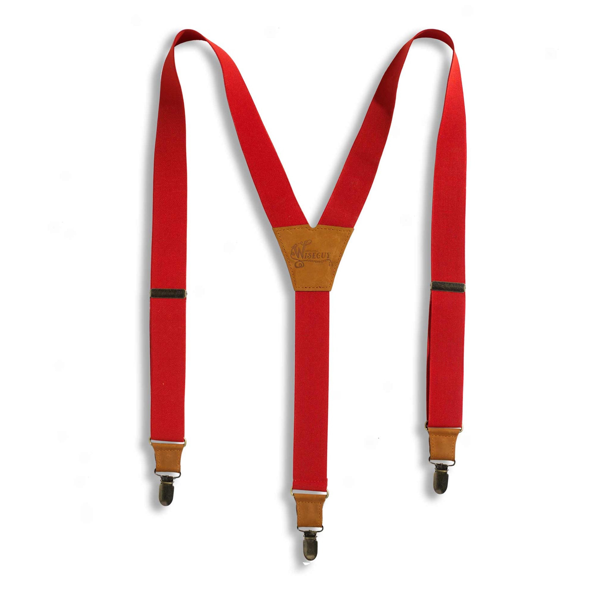 Blood Red 1.3 inch Elastic Suspenders with Camel Brown Leather Parts - Wiseguy Suspenders