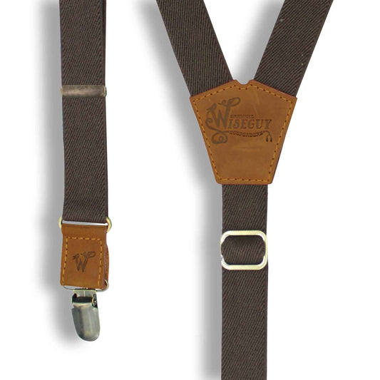 The Dark Brown on Camel Brown Leather & Brass slim straps (1 inch/2.5 cm) - Wiseguy Suspenders