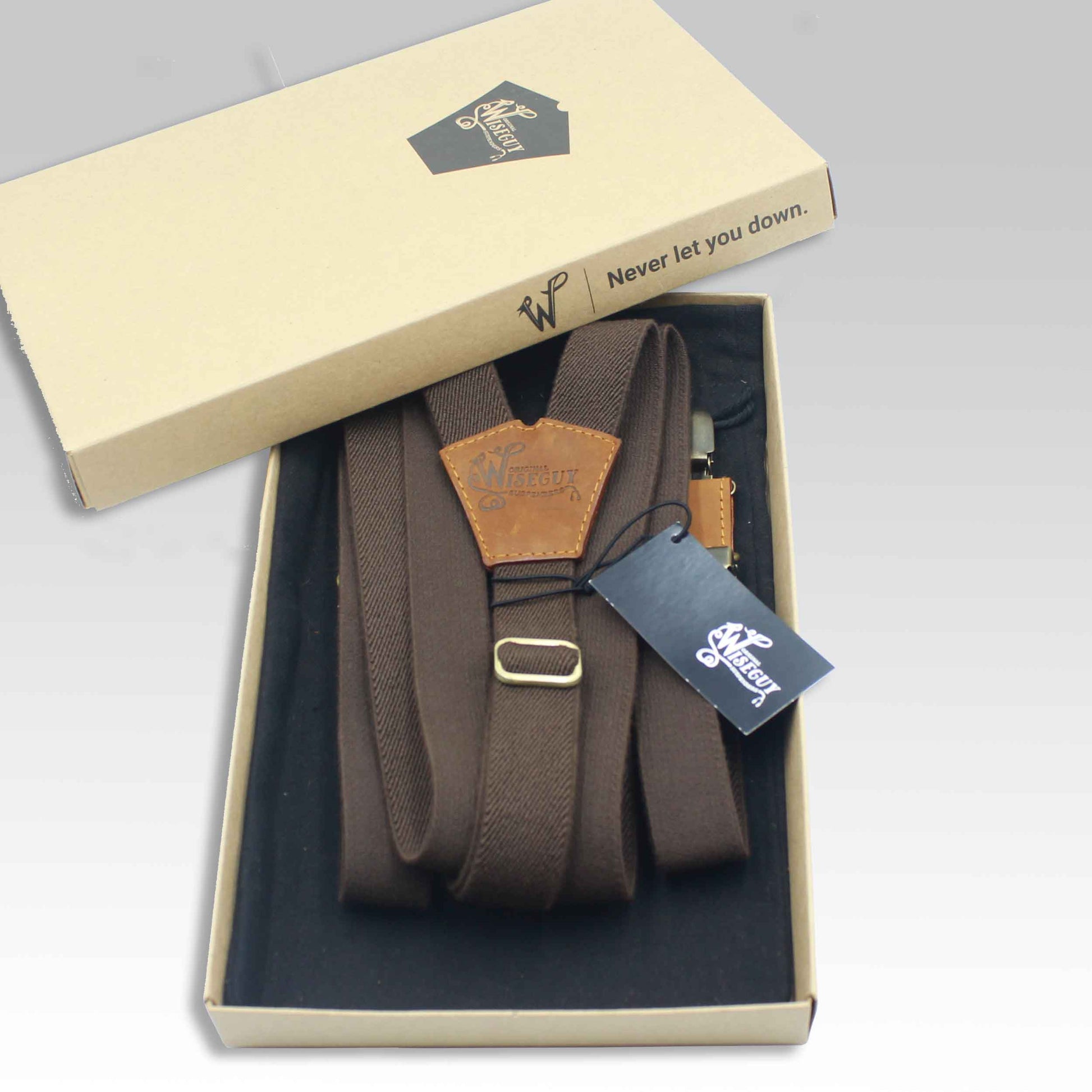 The Dark Brown on Camel Brown Leather & Brass slim straps (1 inch/2.5 cm) - Wiseguy Suspenders