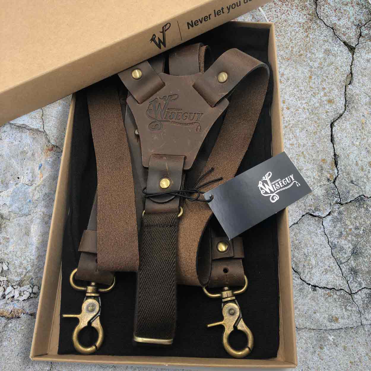 Flex Brown Leather Mens Suspenders with Elastic brown Back Straps - Wiseguy Suspenders