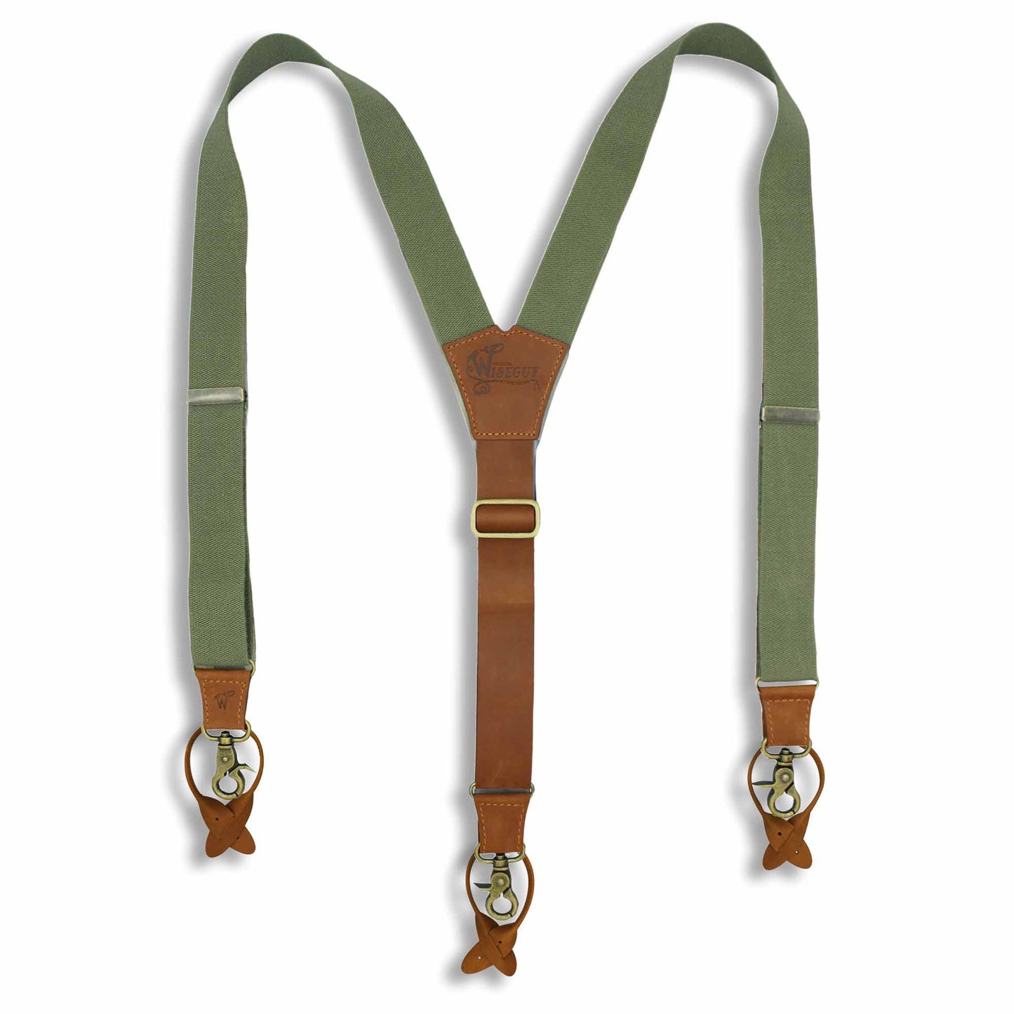 Charger Army Green Elastic Braces with Camel Brown Leather Back strap - Wiseguy Suspenders