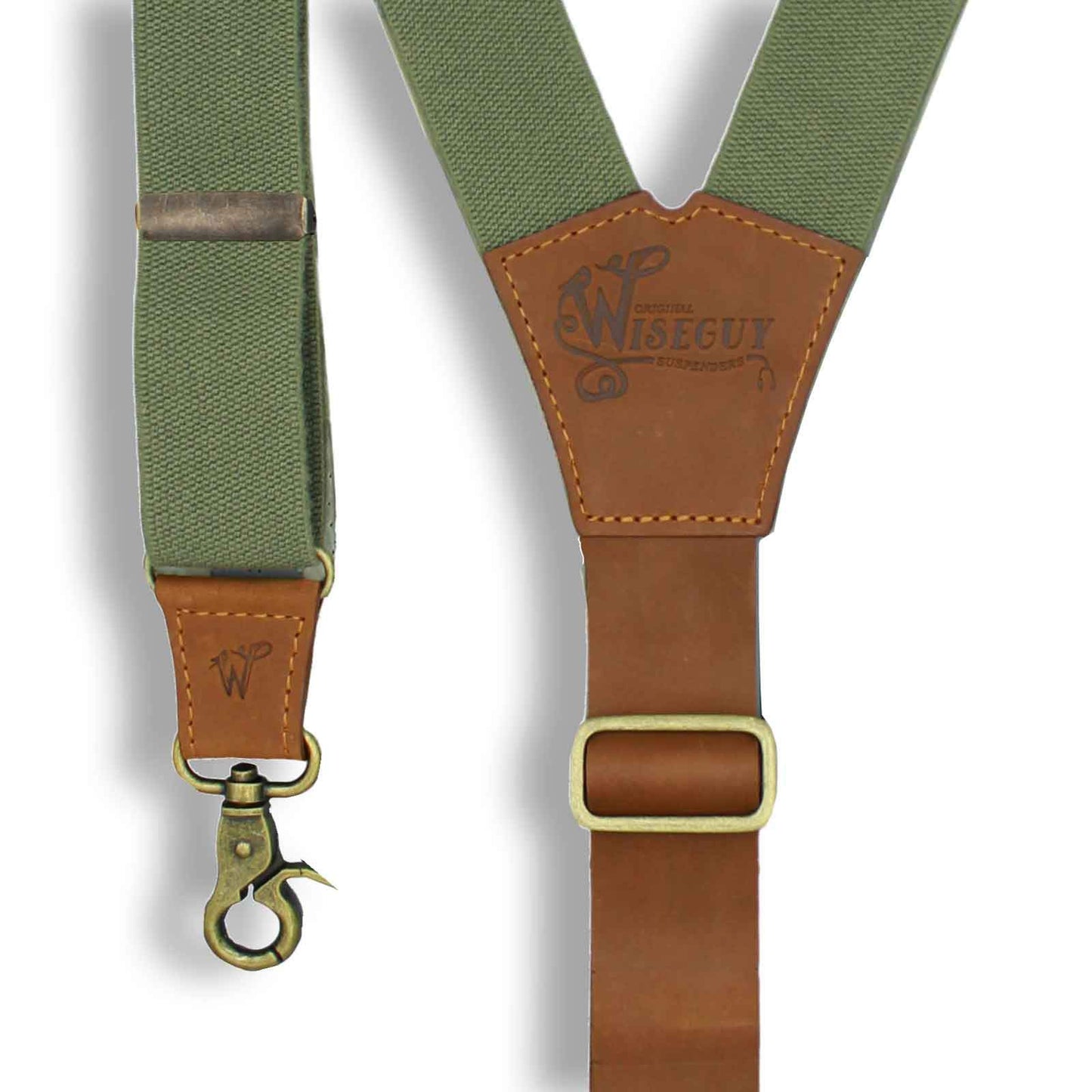 Charger Army Green Elastic Braces with Camel Brown Leather Back strap - Wiseguy Suspenders