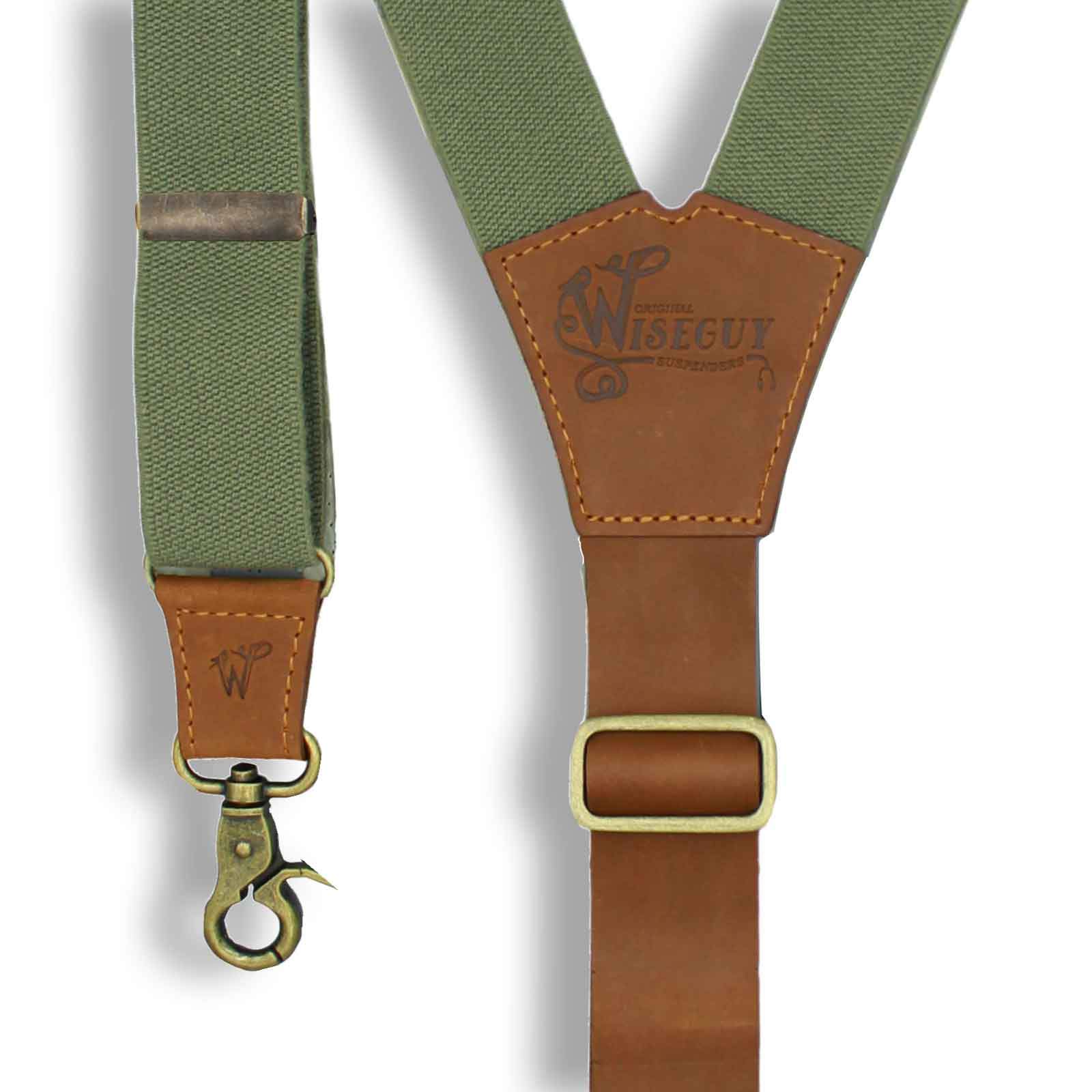 Charger Army Green Elastic Braces with Camel Brown Leather Back strap - Wiseguy Suspenders