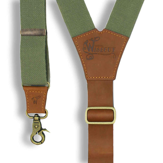 Charger Army Green Elastic Braces with Camel Brown Leather Back strap - Wiseguy Suspenders