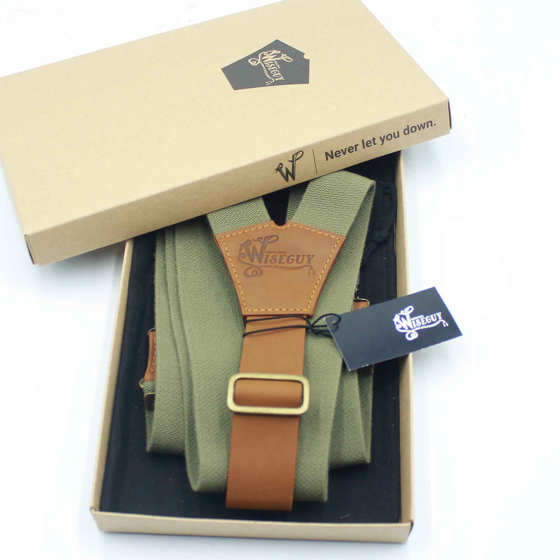 Charger Army Green Elastic Braces with Camel Brown Leather Back strap - Wiseguy Suspenders