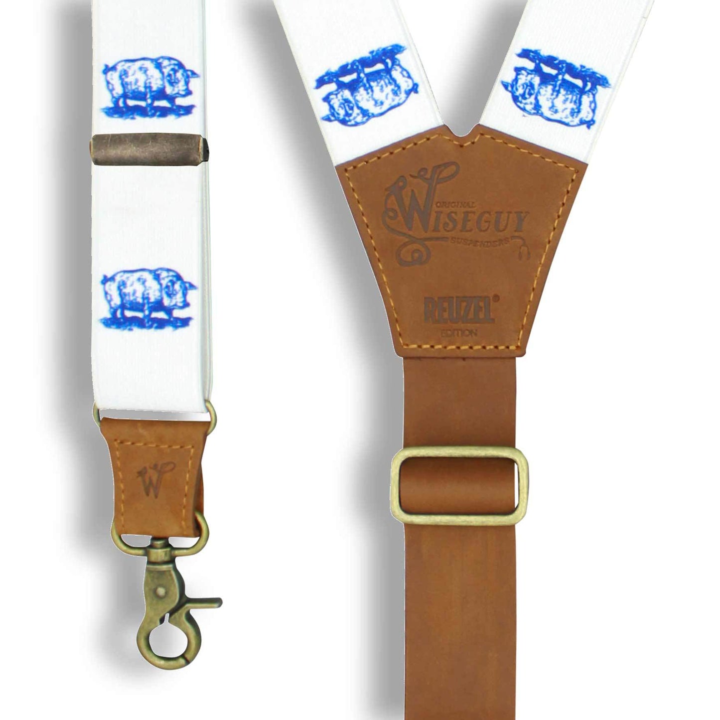 Charger Reuzel Edition 'Scumbag' Pig on White Suspenders 1.3 inch wide - Wiseguy Suspenders