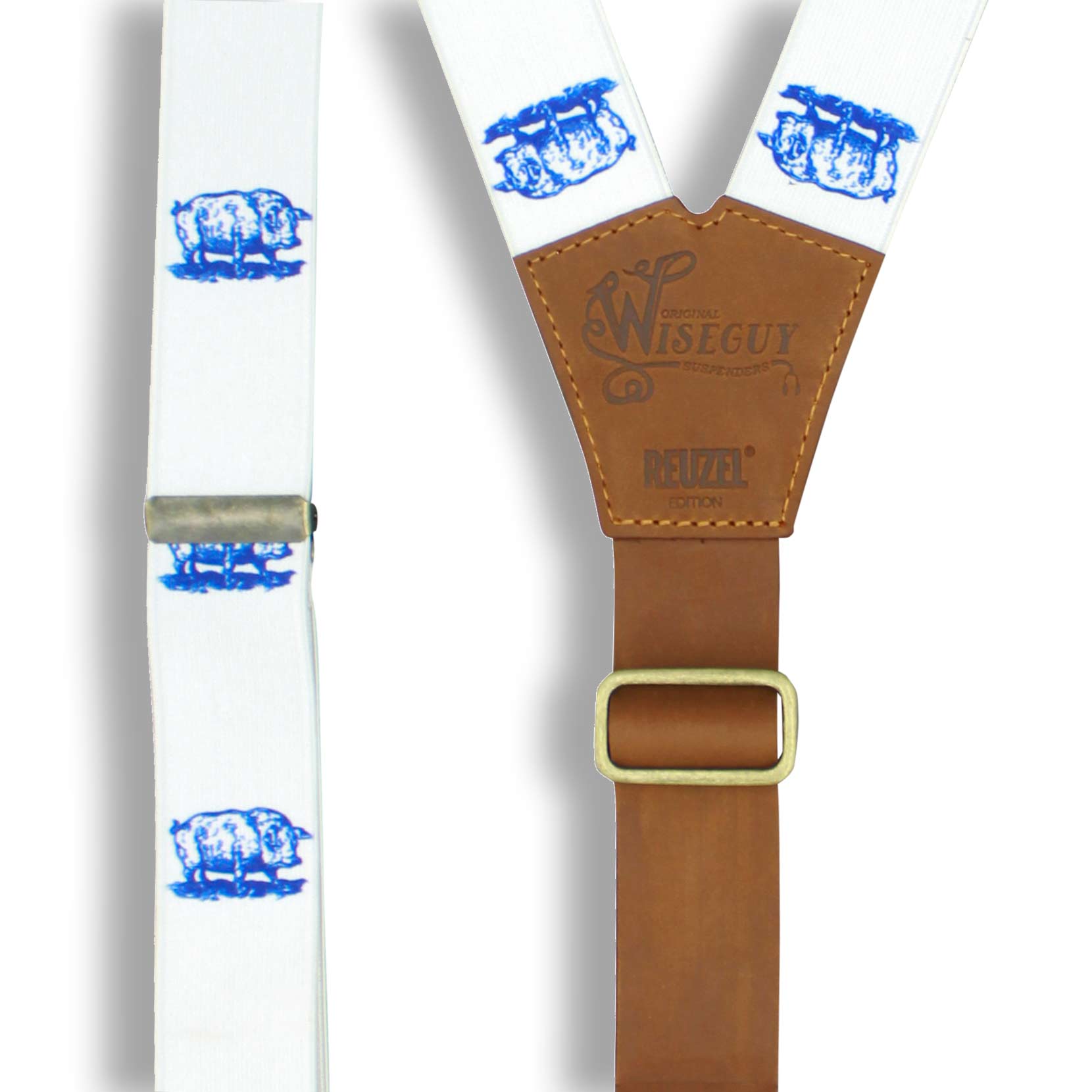 Charger Reuzel Edition 'Scumbag' Pig on White Suspenders 1.3 inch wide - Wiseguy Suspenders