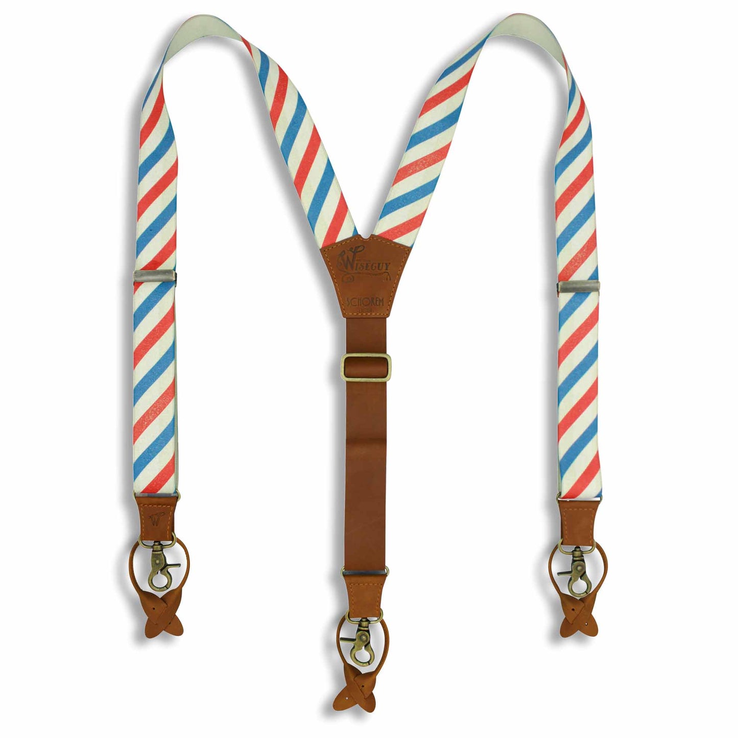 Charger Schorem Barber Striped with Camel Brown Leather Back Strap - Wiseguy Suspenders