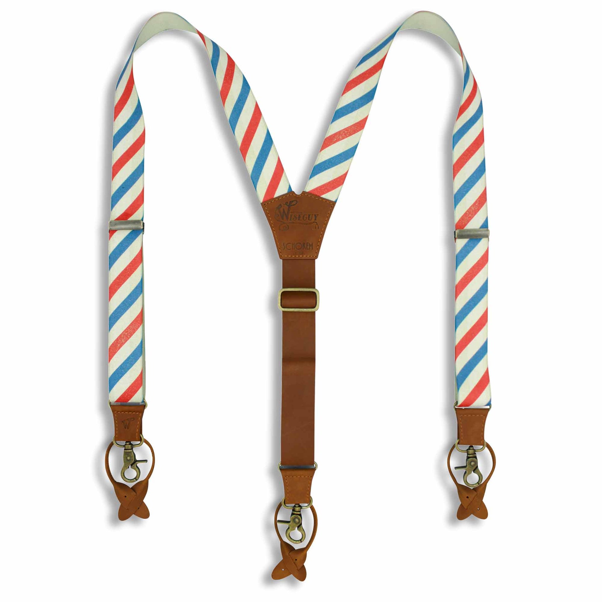 Charger Schorem Barber Striped with Camel Brown Leather Back Strap - Wiseguy Suspenders