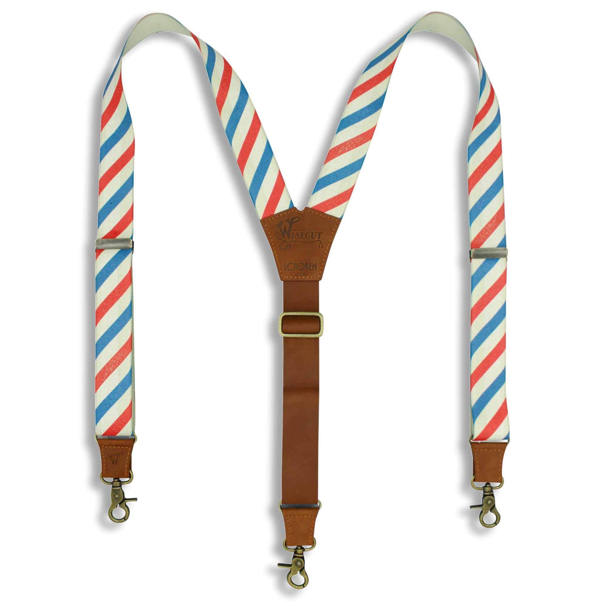 Charger Schorem Barber Striped with Camel Brown Leather Back Strap - Wiseguy Suspenders