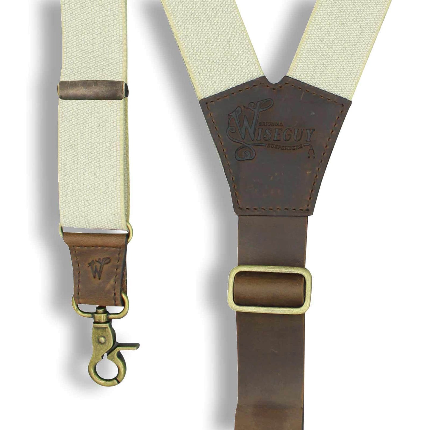Charger Sand Elastic with Dark Brown Leather Back Strap Suspenders - Wiseguy Suspenders