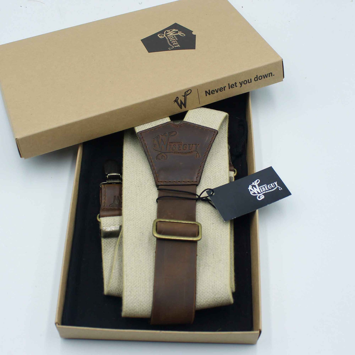 Charger Sand Elastic with Dark Brown Leather Back Strap Suspenders - Wiseguy Suspenders