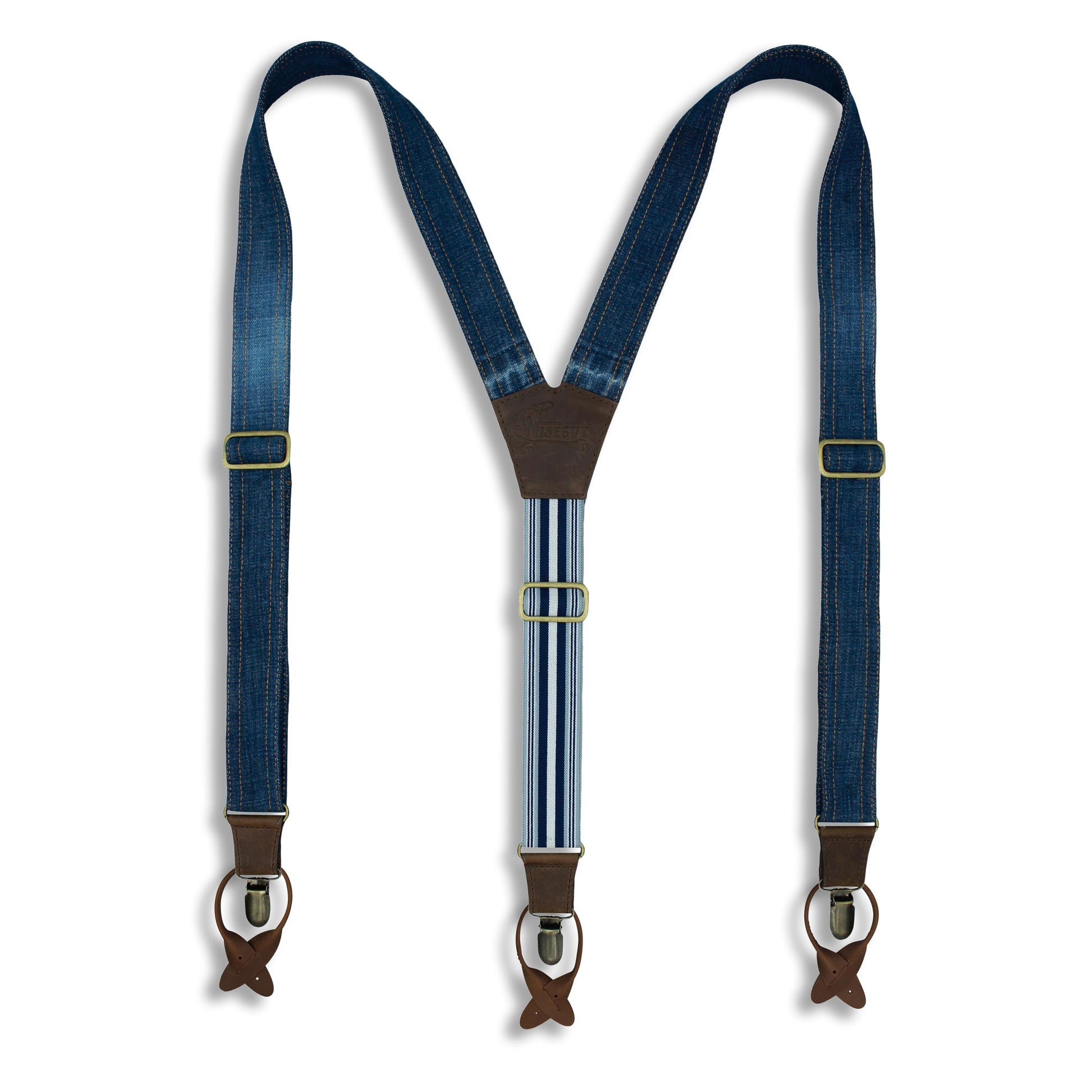Salvaged Denim Flex Suspenders with Navy Blue Stripes, wide straps (1.36 inch/3.5 cm) - Wiseguy Suspenders