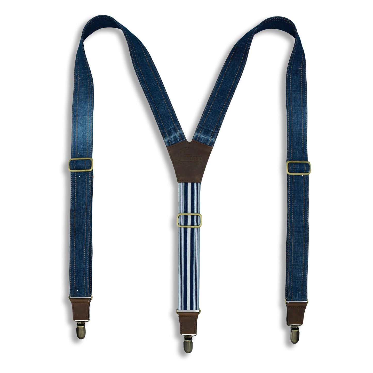 Salvaged Denim Flex Suspenders with Navy Blue Stripes, wide straps (1.36 inch/3.5 cm) - Wiseguy Suspenders