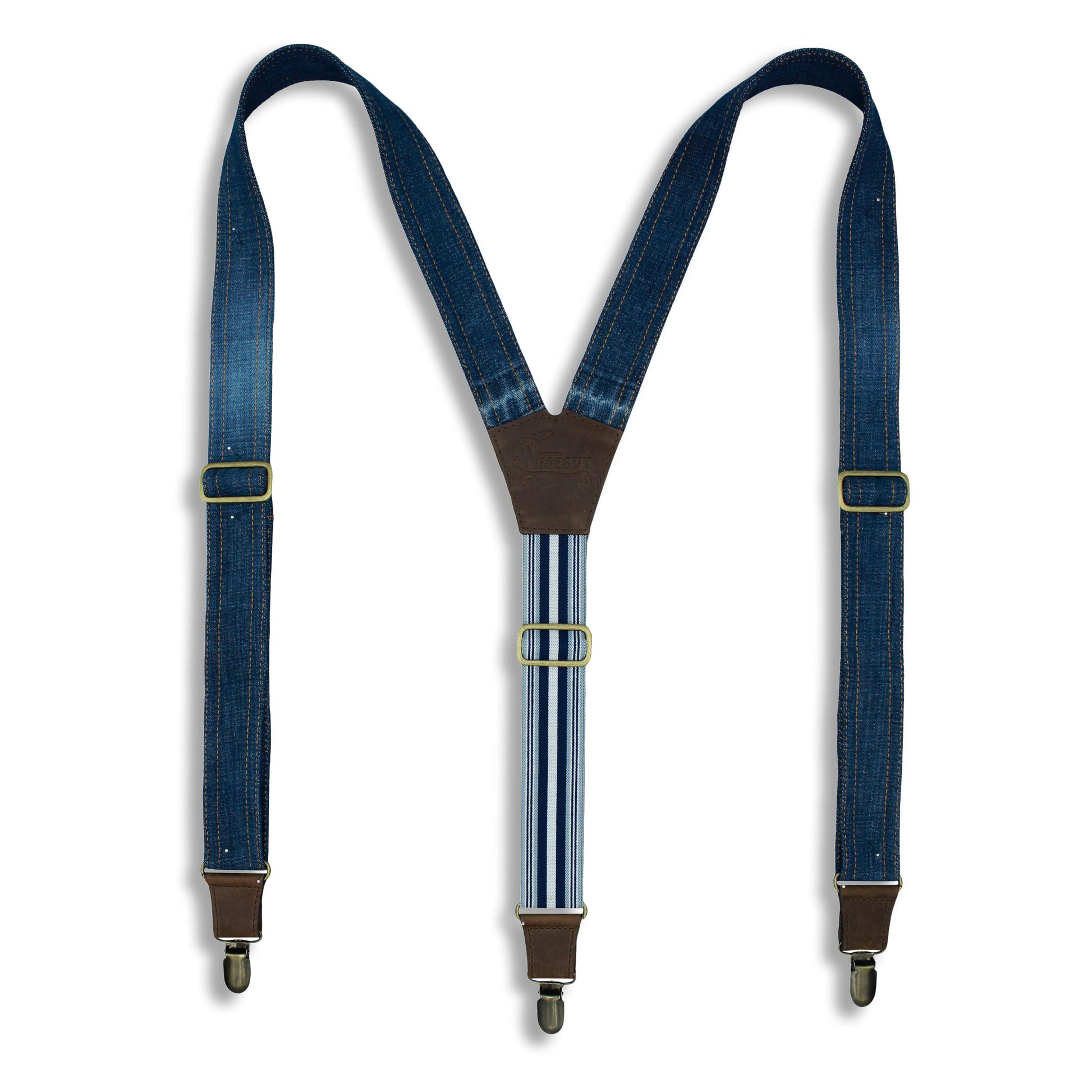 Salvaged Denim Flex Suspenders with Navy Blue Stripes, wide straps (1.36 inch/3.5 cm) - Wiseguy Suspenders