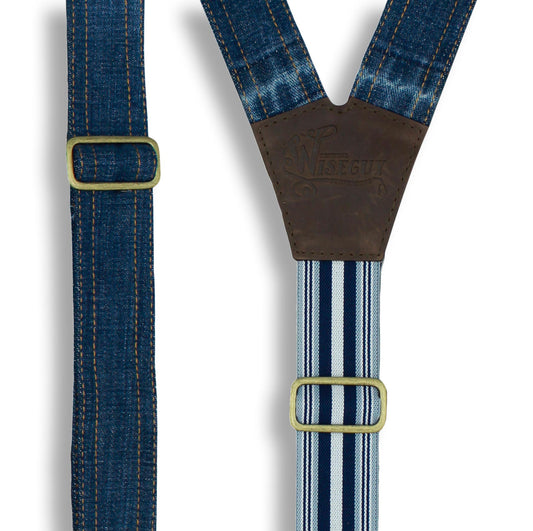 Salvaged Denim Flex Suspenders with Navy Blue Stripes, wide straps (1.36 inch/3.5 cm) - Wiseguy Suspenders